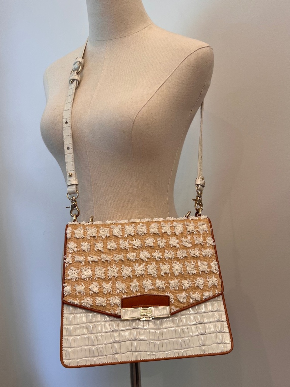 Brahmin Ivory Melbourne Croc Leather & Woven Straw Fringe Flap Crossbody Shoulde